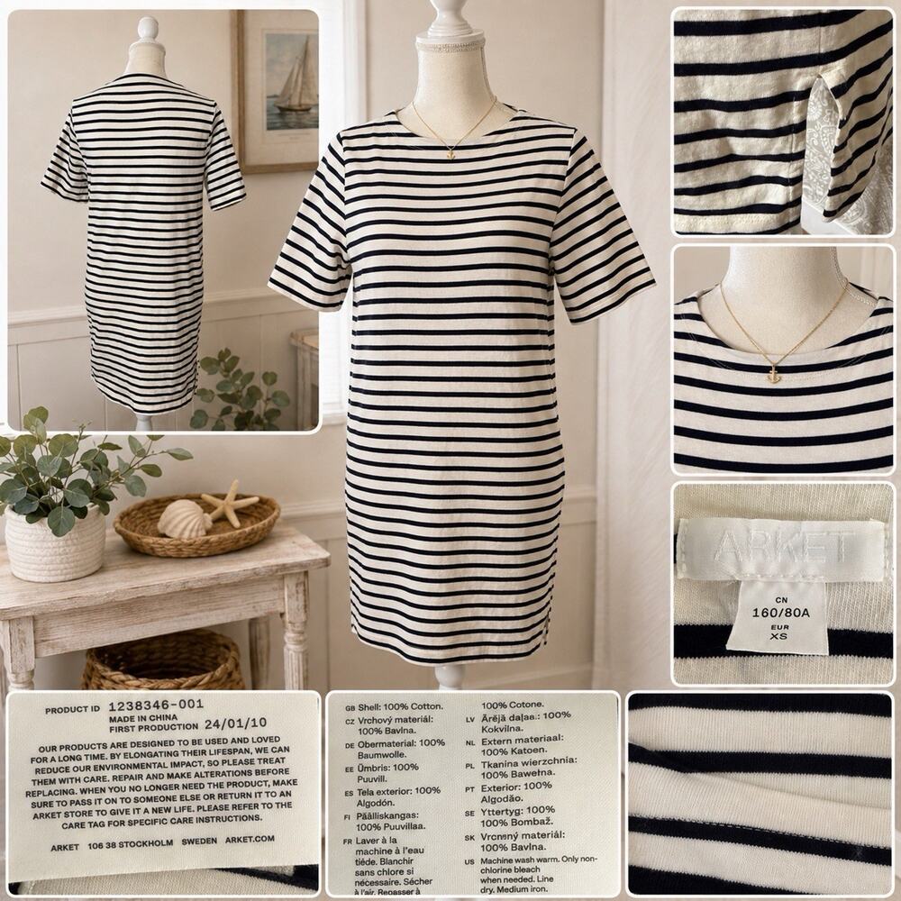 ARKET Women’s XS Navy Cream Striped 100% Cotton Nautical Mini Dress Tunic